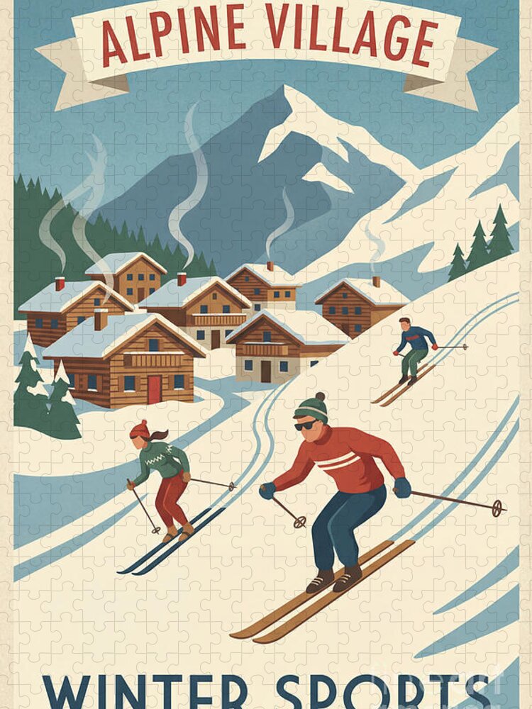 Alpine Village Skiing Scene Jigsaw Puzzle: Retro Winter Fun
