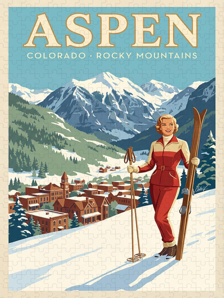 Aspen Colorado Vintage Ski Poster 1950s Rocky Mountain Jigsaw Puzzle