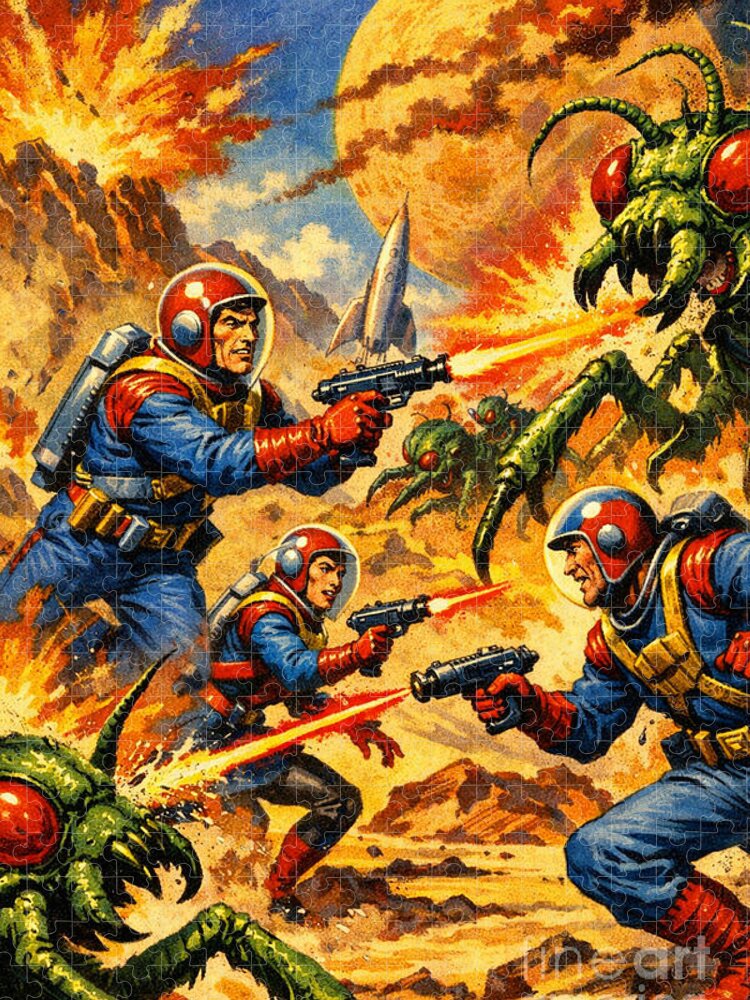 Astronauts vs Alien Insects Retro Jigsaw Puzzle