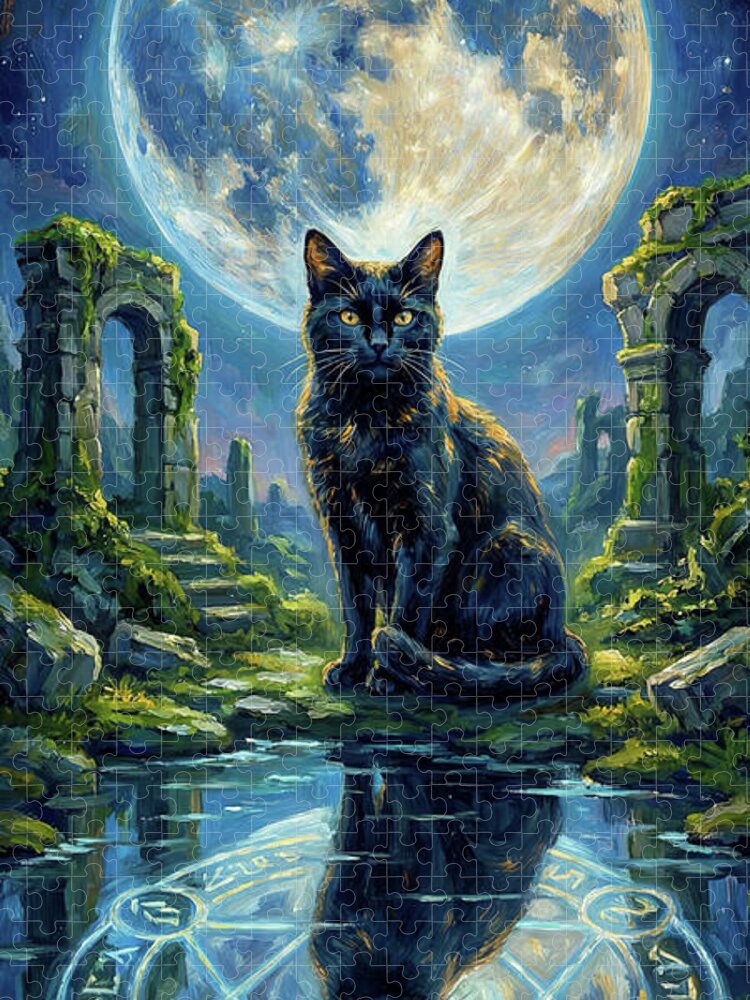 Black Cat Under Full Moon Jigsaw Puzzle: Mystical Fantasy Art