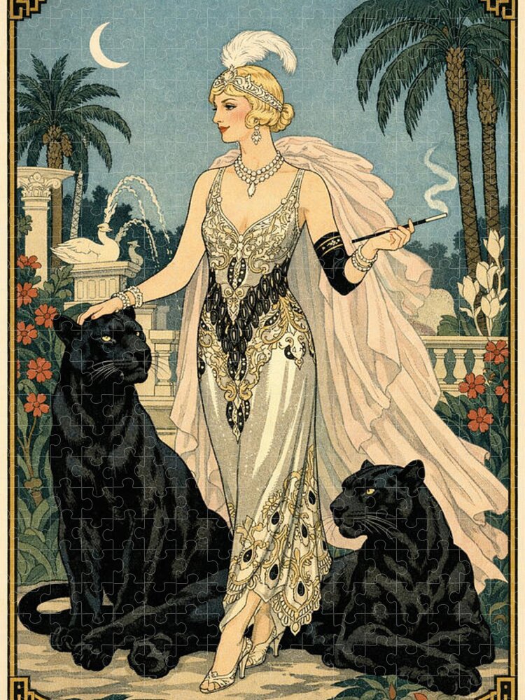 Blonde Elegance & Panthers Art Deco Jigsaw Puzzle