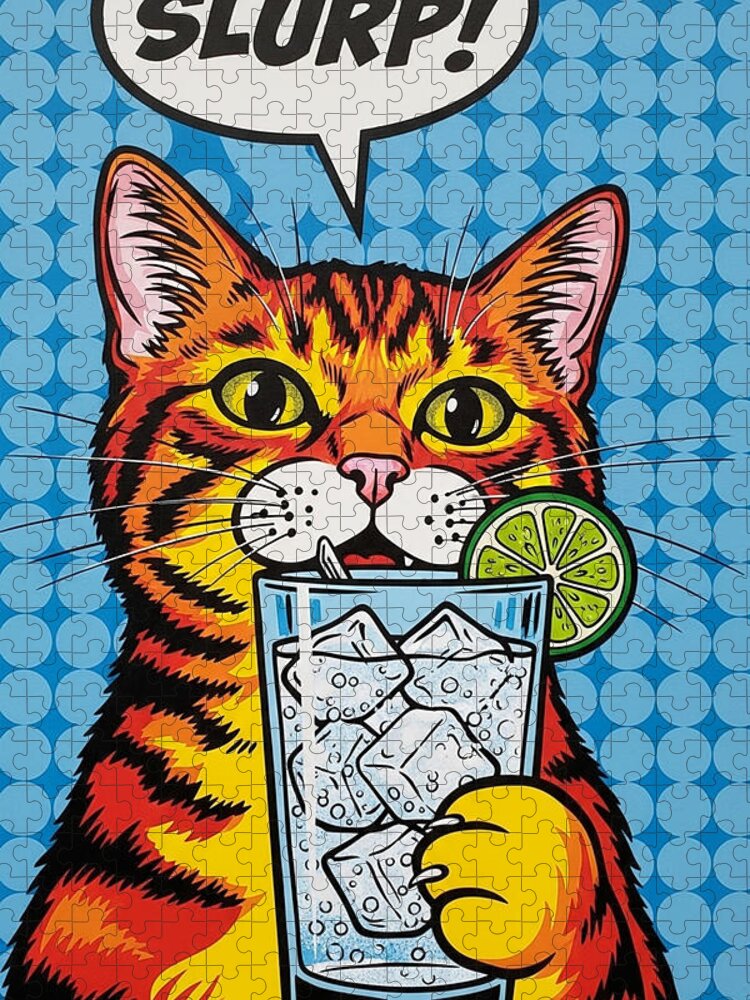 Cartoon Cat Enjoying a Drink Jigsaw Puzzle by Carlos V