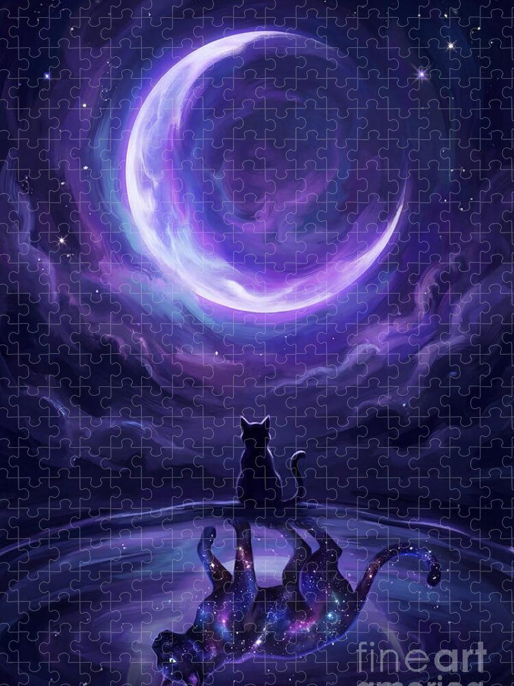 Cat Gazing at Cosmic Moon Jigsaw Puzzle: Mystical Fantasy