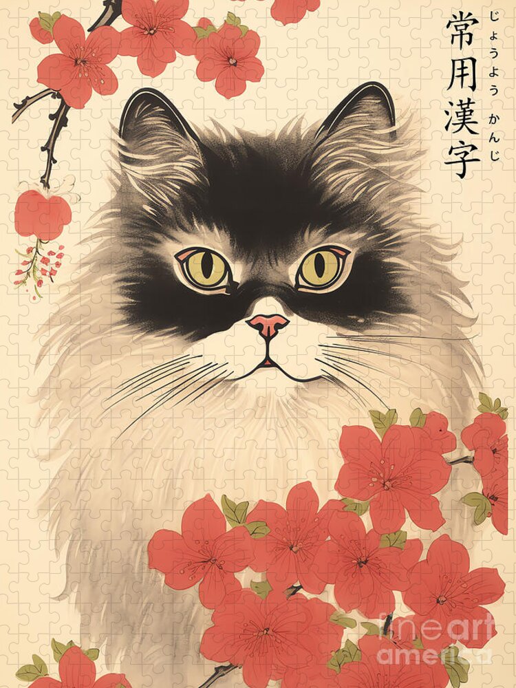 Cat in Scarlet Blooms Whimsical Jigsaw Puzzle by Carlos V