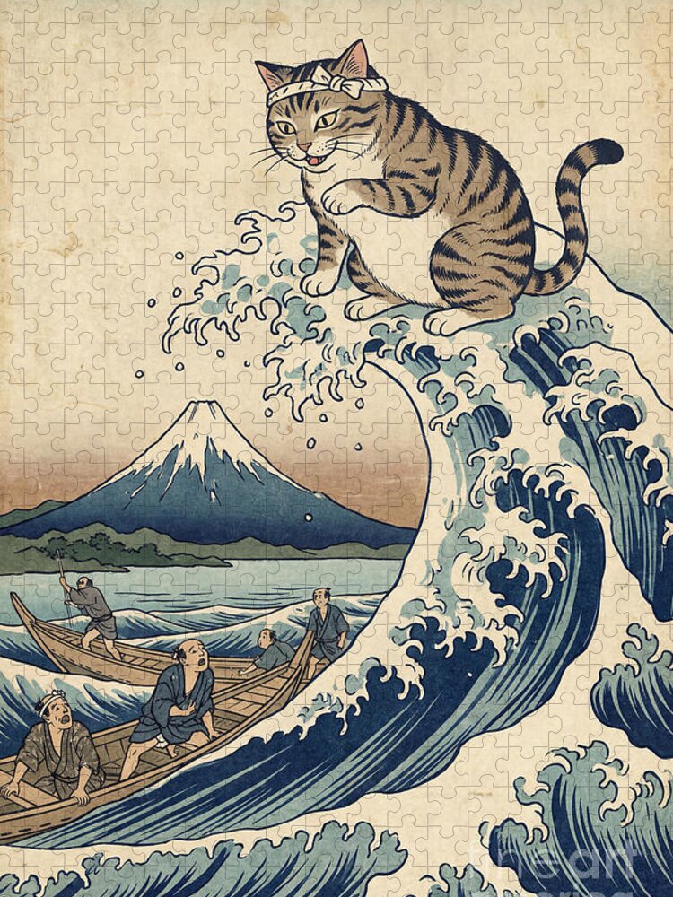 Cat Riding the Great Wave Jigsaw Puzzle: Whimsical Art