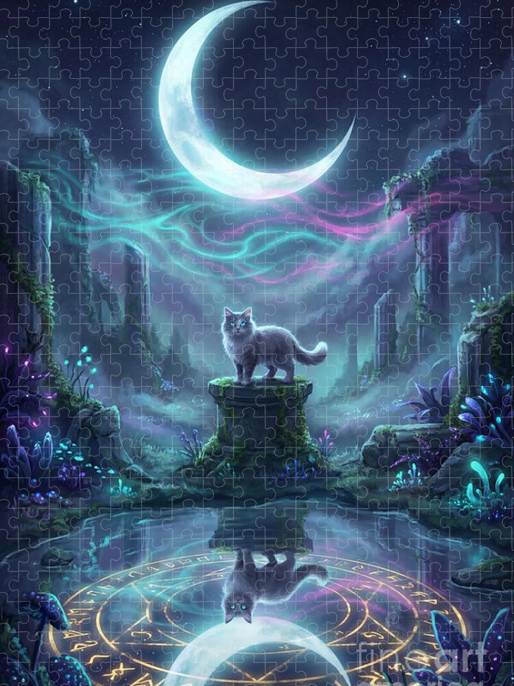 Cat Under A Mystical Moon Jigsaw Puzzle