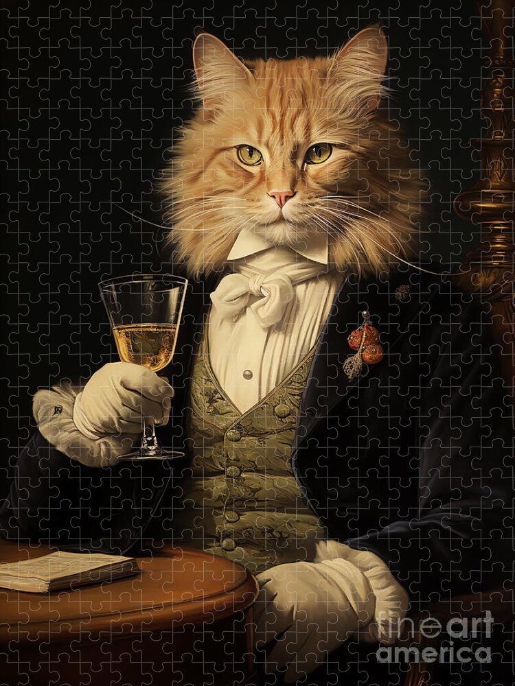 Cat with Wine Jigsaw Puzzle: A Whimsical Fine Art Experience