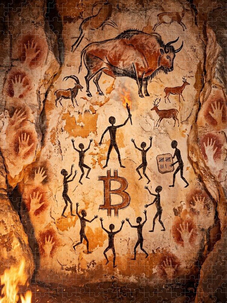 Cave Paintings with Bitcoin Symbol Jigsaw Puzzle for Crypto Enthusiasts