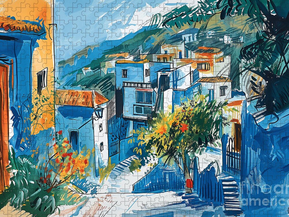 Chefchaouen Morocco Vintage Travel Jigsaw Puzzle by Carlos V