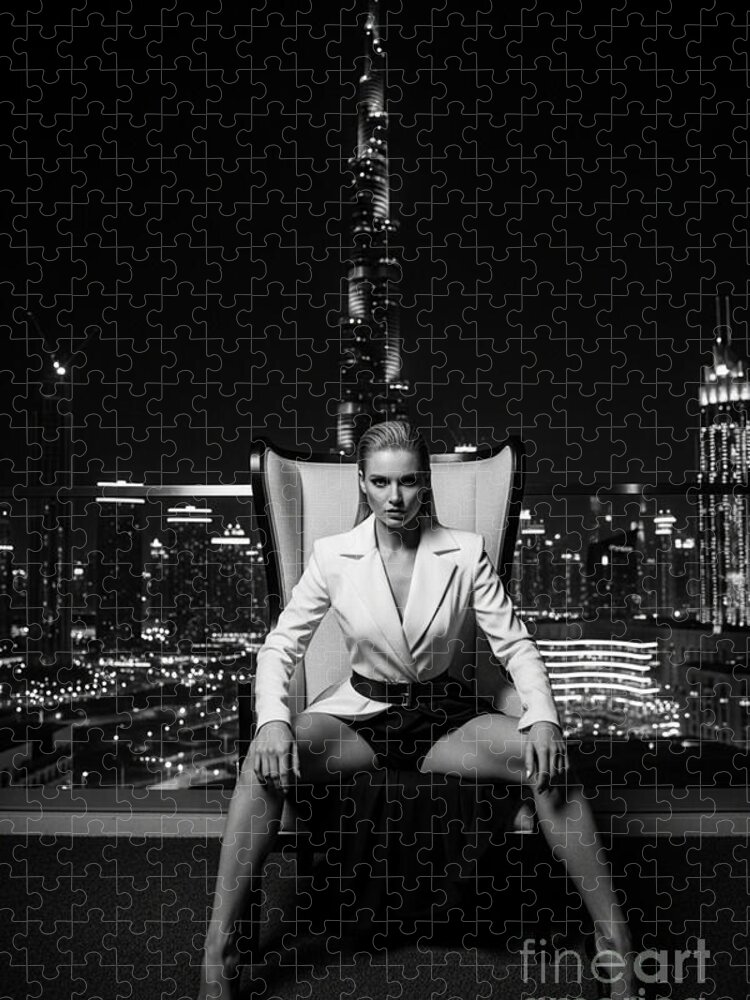 City Lights Glamour: Dubai Black & White Jigsaw Puzzle