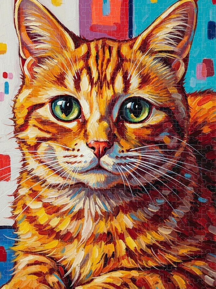 Vibrant Orange Cat Portrait Jigsaw Puzzle for Art Lovers