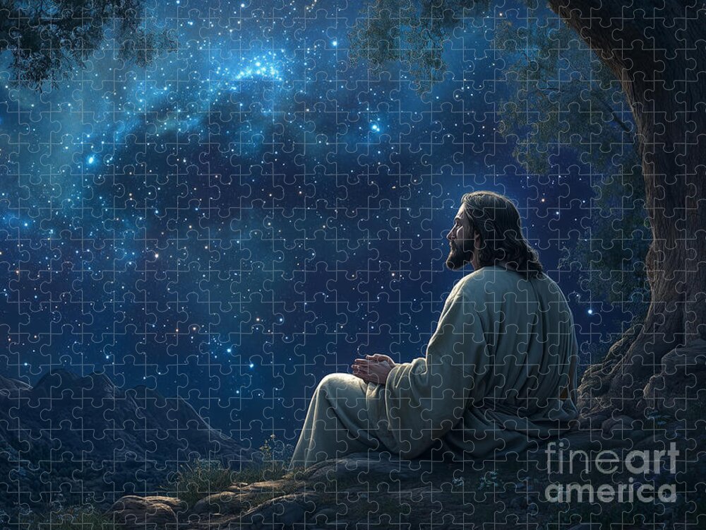 Contemplative Jesus Under Starry Night Jigsaw Puzzle