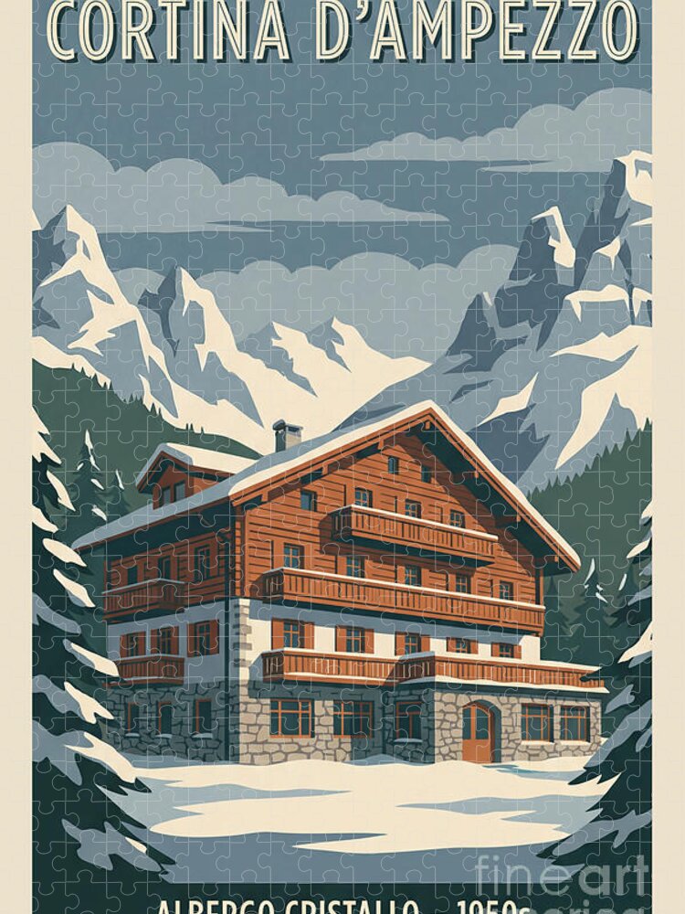 Cortina d'Ampezzo Vintage Alpine Hotel 1950s Jigsaw Puzzle