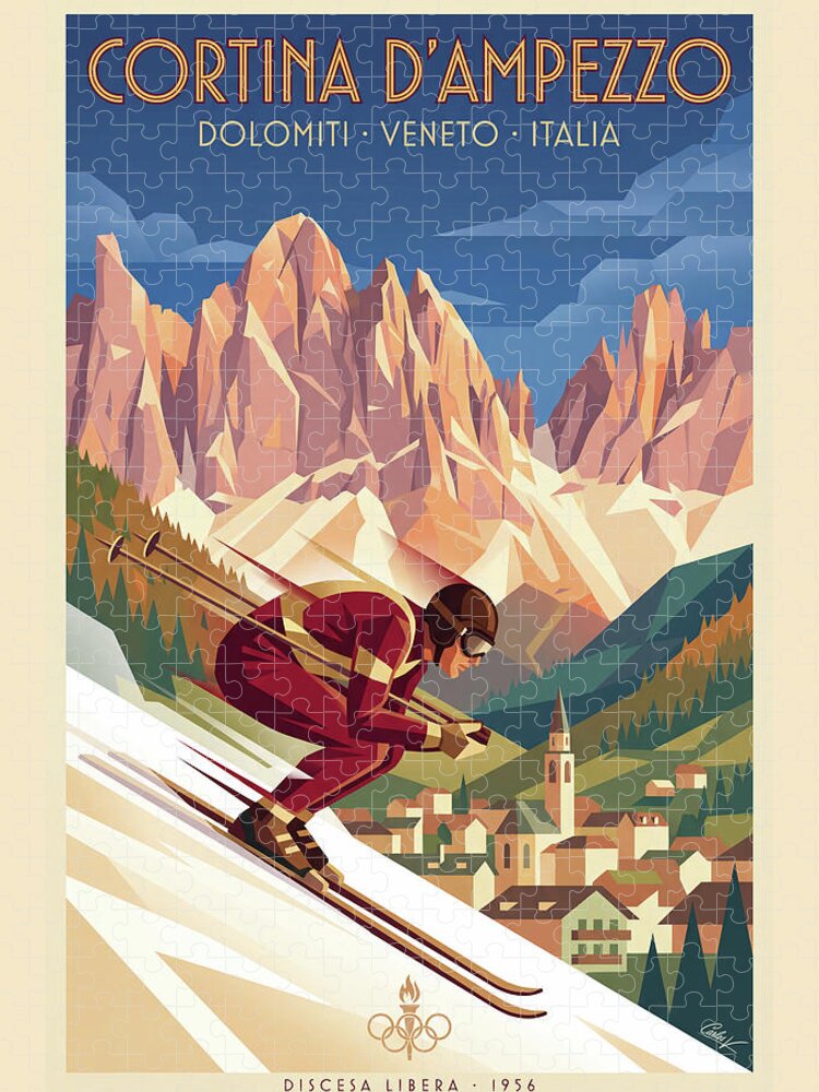 Cortina d'Ampezzo Vintage Ski Jigsaw Puzzle: 1930s Art Deco Alps