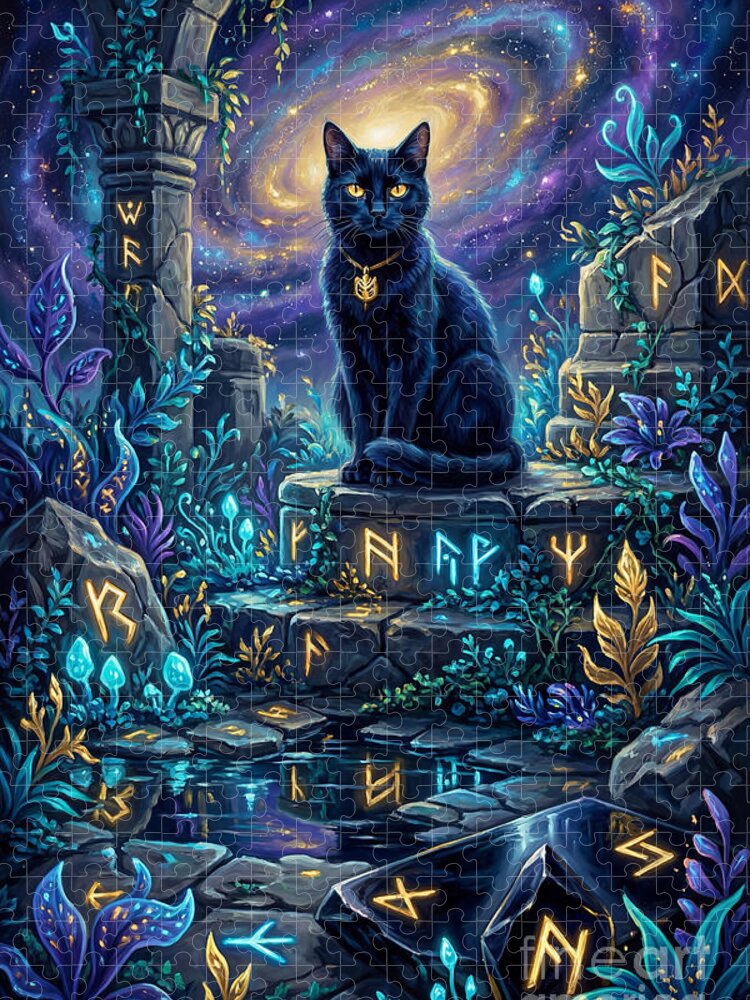 Cosmic Feline Sentinel in the Ruins Jigsaw Puzzle