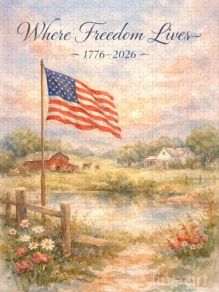 Country Landscape with Flag Jigsaw Puzzle: Patriotic Rural Scene