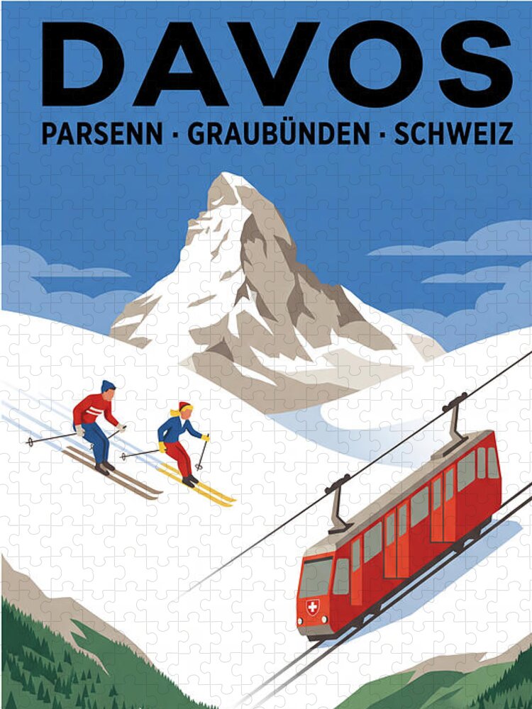 Davos Switzerland Vintage Ski Poster Jigsaw Puzzle