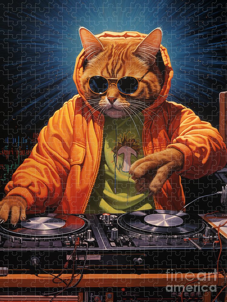 DJ Cat in Hoodie Jigsaw Puzzle: Whimsical Turntable Fun