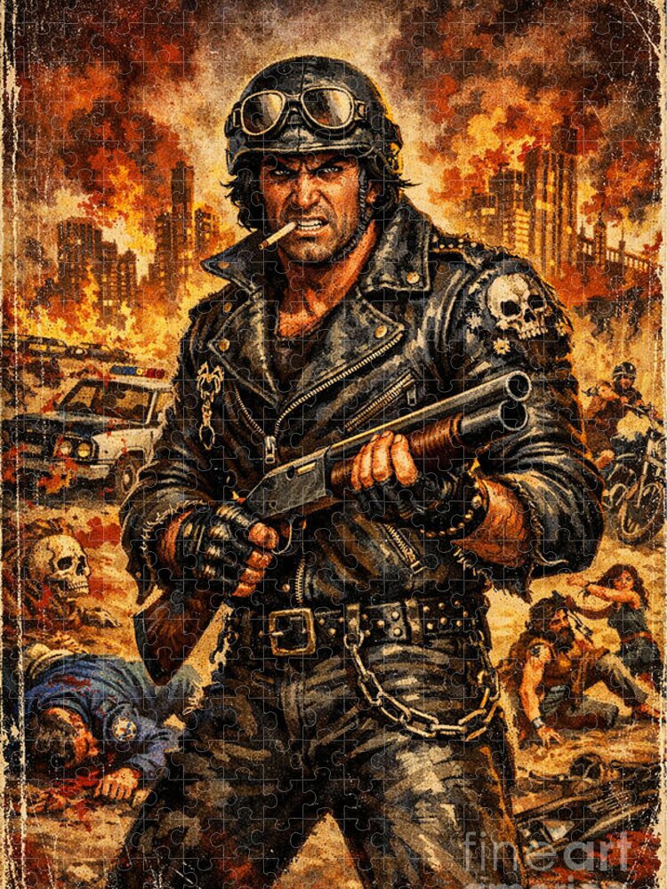 Dystopian Biker in Chaotic Pulp Jigsaw Puzzle: A Gritty Adventure
