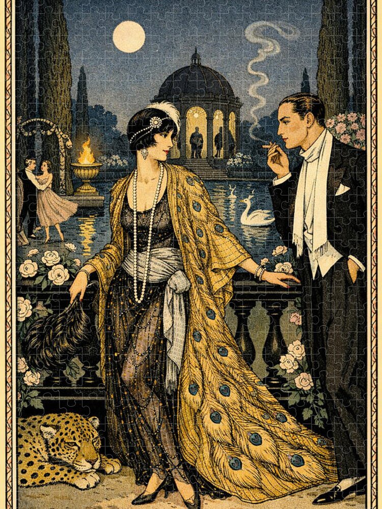 Moonlit Garden Elegance Jigsaw Puzzle: Art Deco Fashion