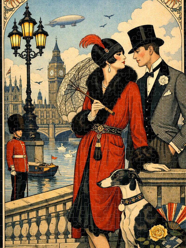 Elegant Couple in London Thames Jigsaw Puzzle: Art Deco Charm