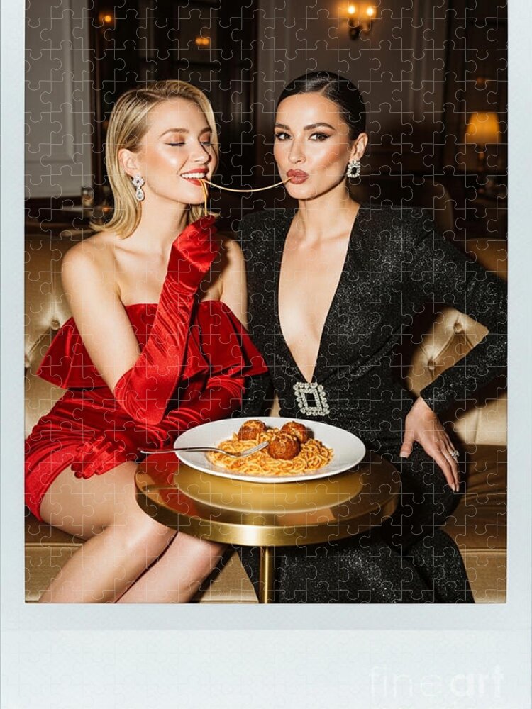 Elegant Duo Dining Jigsaw Puzzle: Sophisticated Polaroid Scene