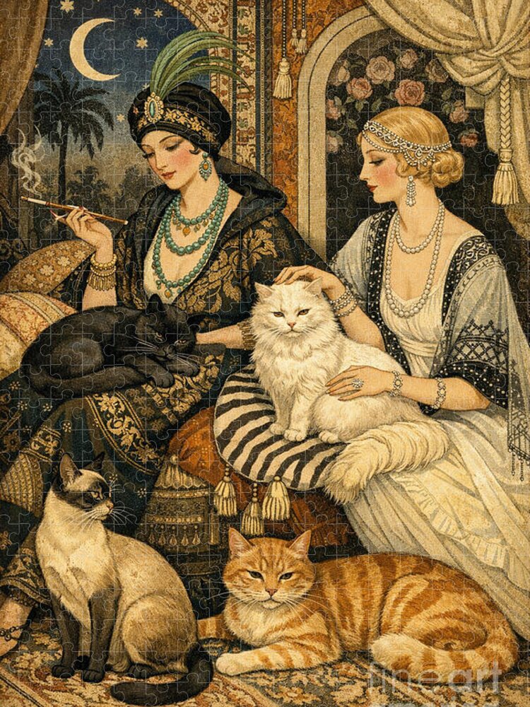 Art Deco Ladies & Cats Jigsaw Puzzle: Vintage Elegance