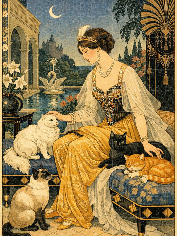 Elegant Lady with Cats Art Deco Dream Jigsaw Puzzle