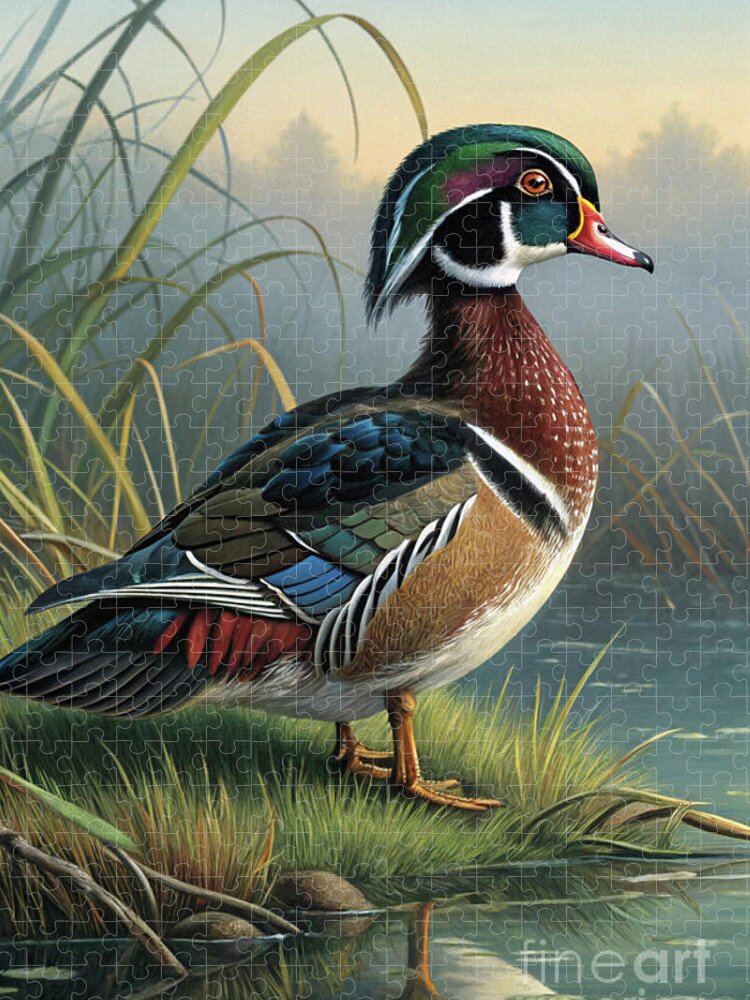 Elegant Wood Duck Jigsaw Puzzle: Tranquil Waterside Scene