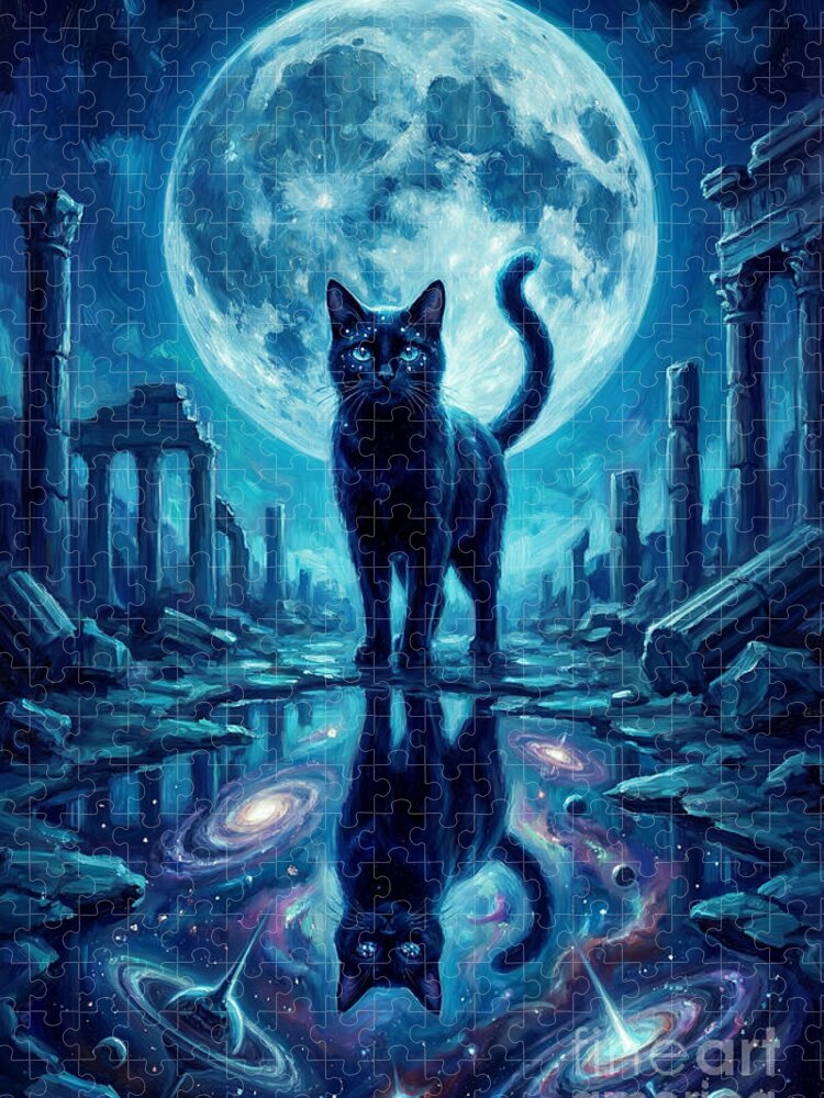 Enchanted Black Cat Galaxy Pond Mirror Jigsaw Puzzle