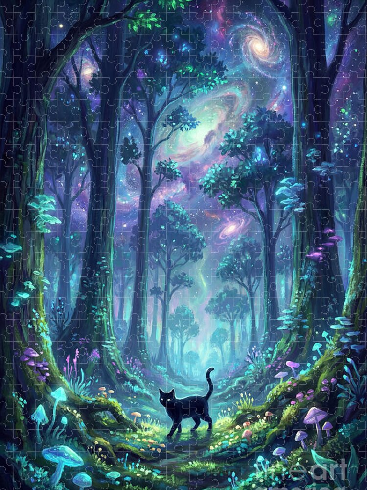 Enchanted Forest with Black Cat Mystical Jigsaw Puzzle