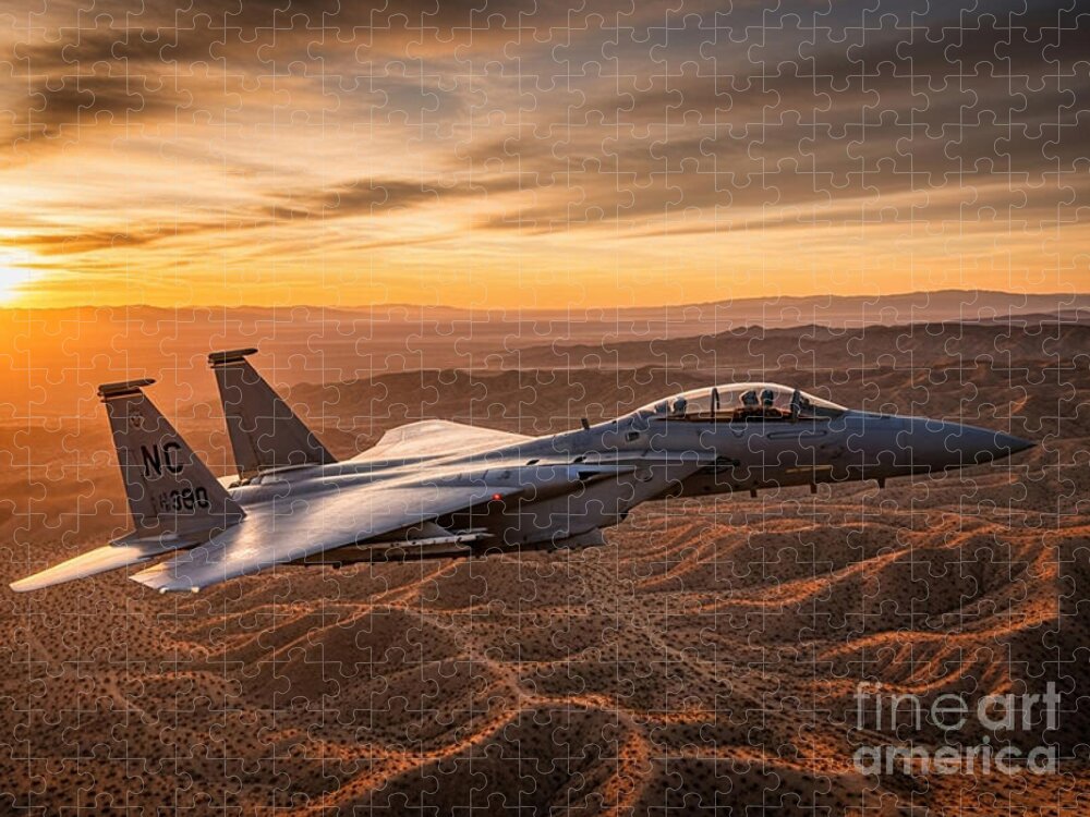 F-15 Jet Jigsaw Puzzle Soaring Over Desert at Sunset
