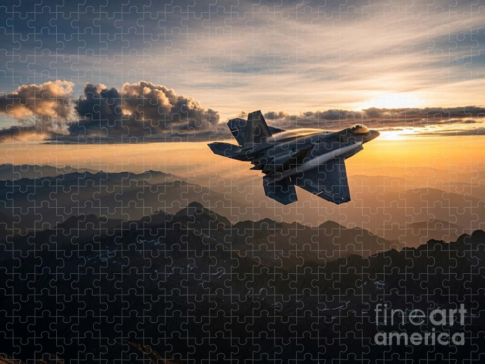 F-22A Raptor Jigsaw Puzzle: Soaring Over Mountains at Sunset
