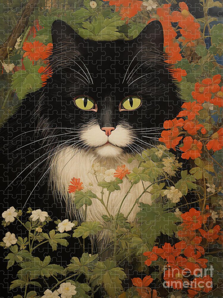 Floral Feline Portrait Jigsaw Puzzle: A Mesmerizing Botanical Cat