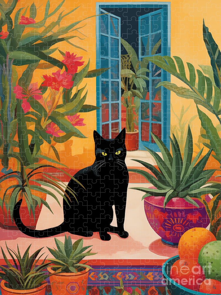 Garden Cat Jigsaw Puzzle: A Whimsical Tropical Scene