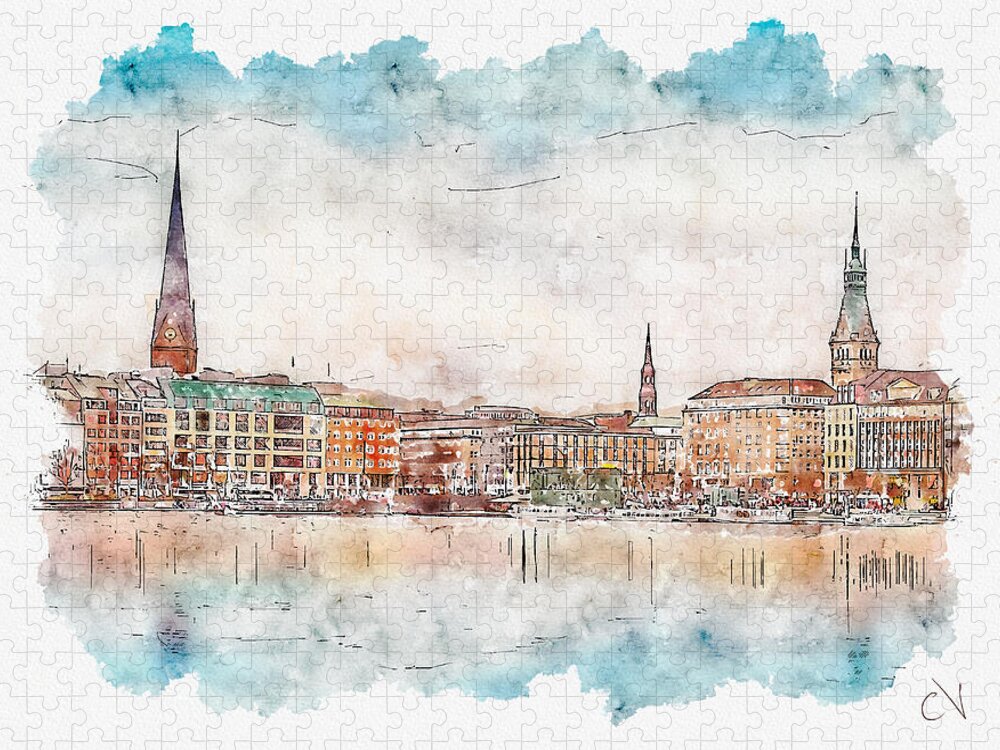 Hamburg Alster River Urban Sketch Jigsaw Puzzle by Carlos V