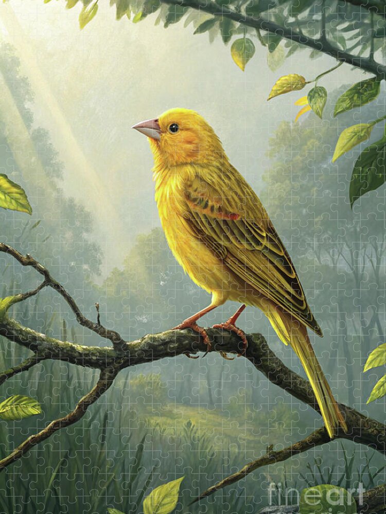 Golden Canary Bird Jigsaw Puzzle in a Sunlit Forest