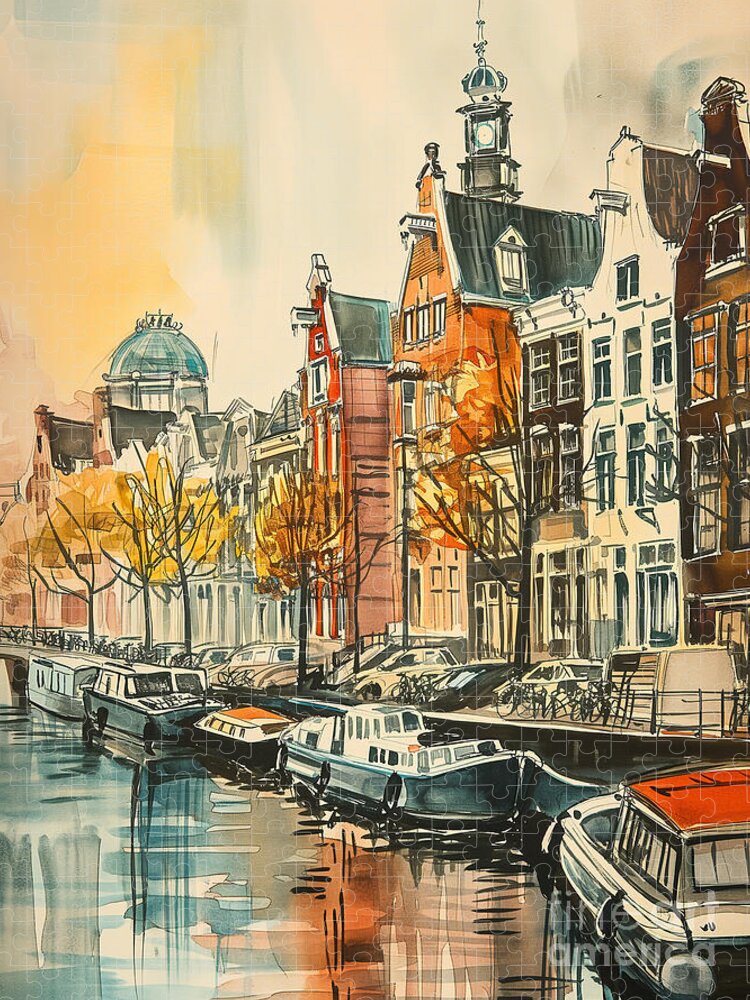 Golden Hour in Amsterdam Jigsaw Puzzle: A Serene Canal Scene