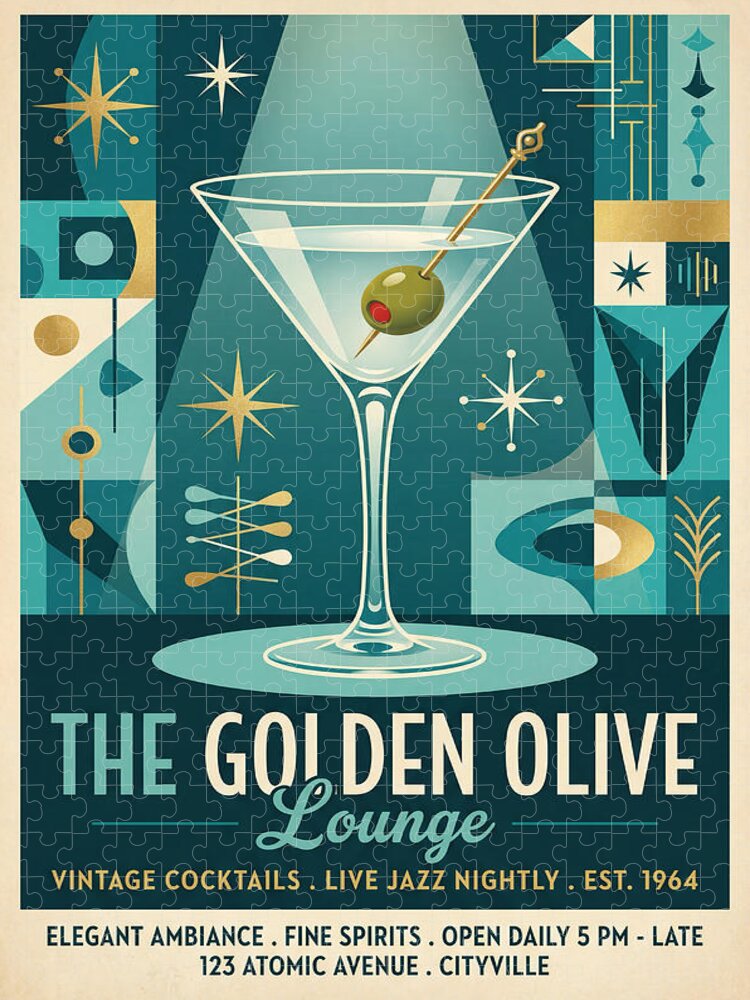 Golden Olive Martini Lounge Retro Jigsaw Puzzle