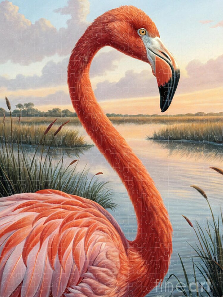 Graceful Flamingo at Sunset Jigsaw Puzzle: A Tranquil Scene