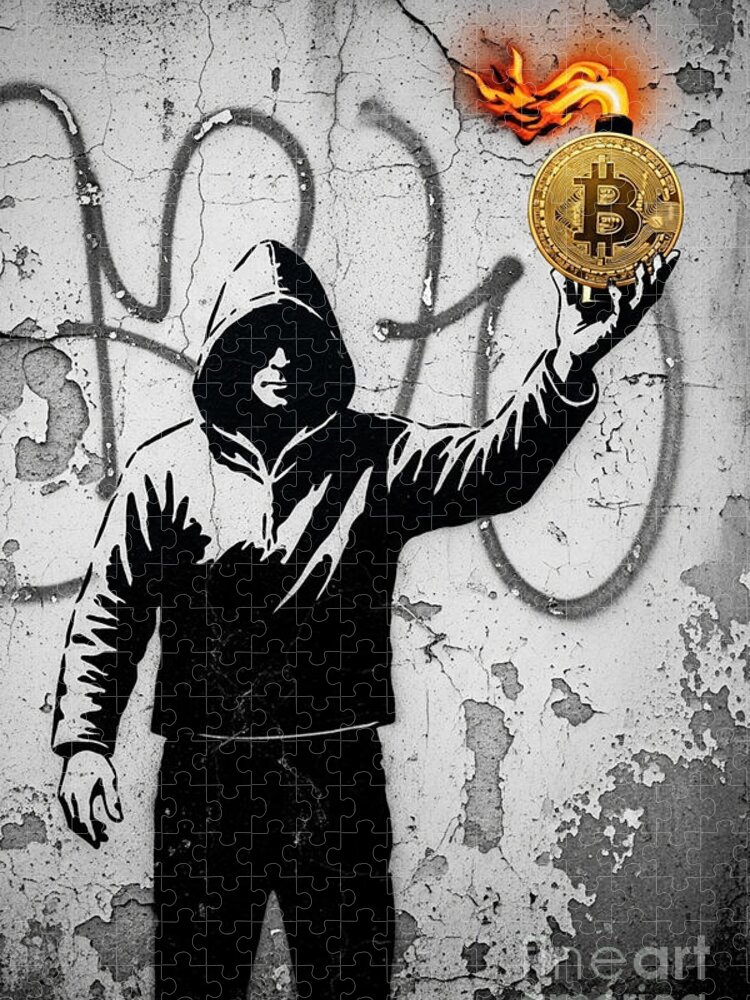 Graffiti Bitcoin in Fire Jigsaw Puzzle: Urban Street Art Challenge