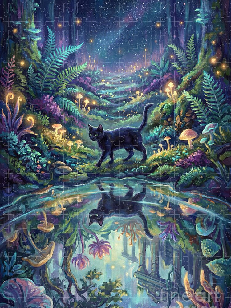 Guardians of the Enchanted Grotto: A Mystical Cat Jigsaw Puzzle