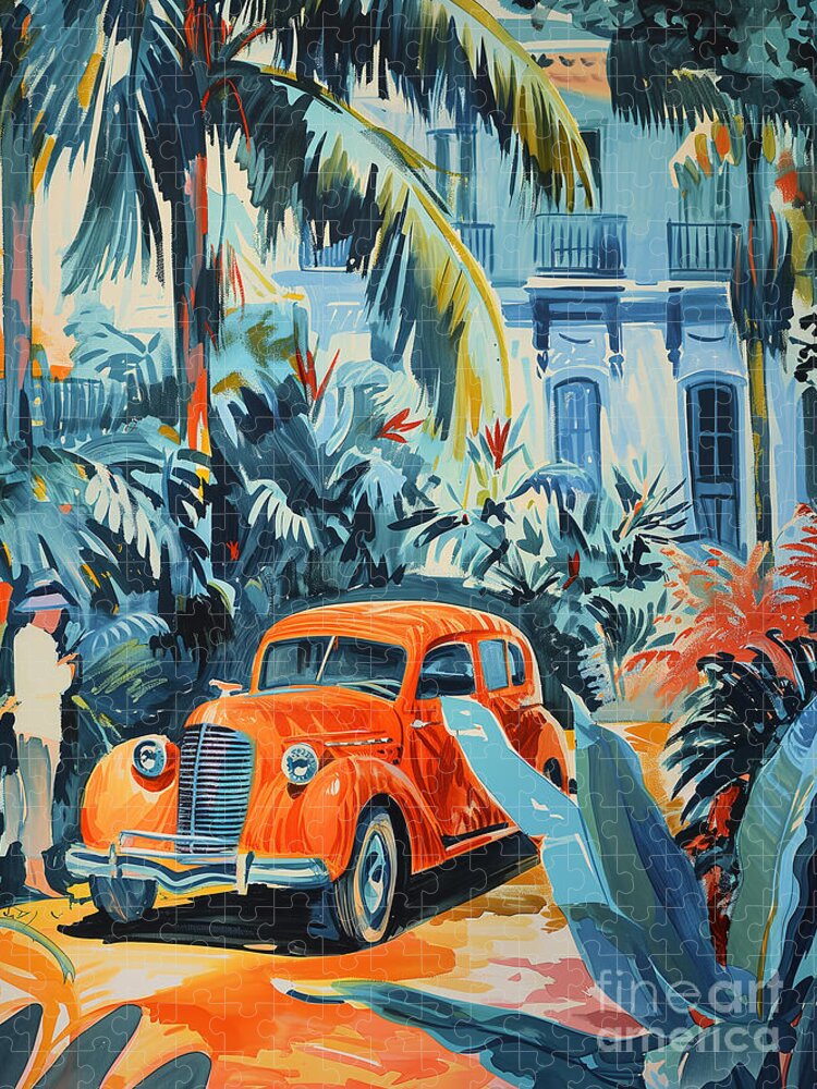 Havana Green Escape Vintage Car Jigsaw Puzzle by Carlos V