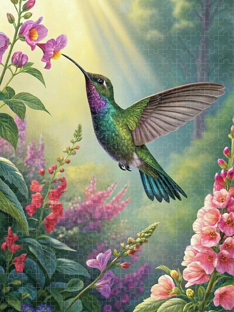 Hummingbird in Blossoming Garden Jigsaw Puzzle