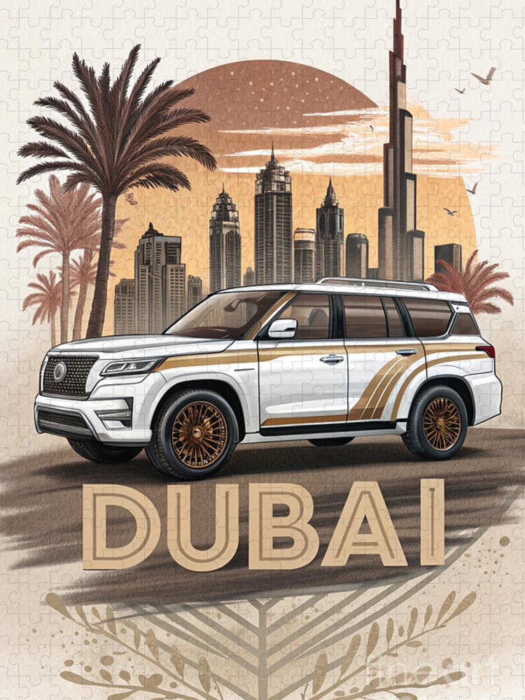 Iconic Dubai Skyline Jigsaw Puzzle: Luxury Car & Cityscape
