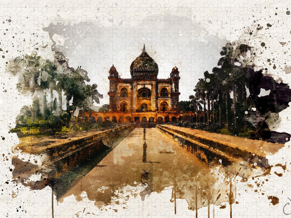 Mysterious Delhi Temple Watercolor Jigsaw Puzzle by Carlos V