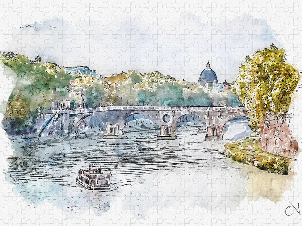 Roman Bridge Jigsaw Puzzle: Urban Sketch Art of Italy