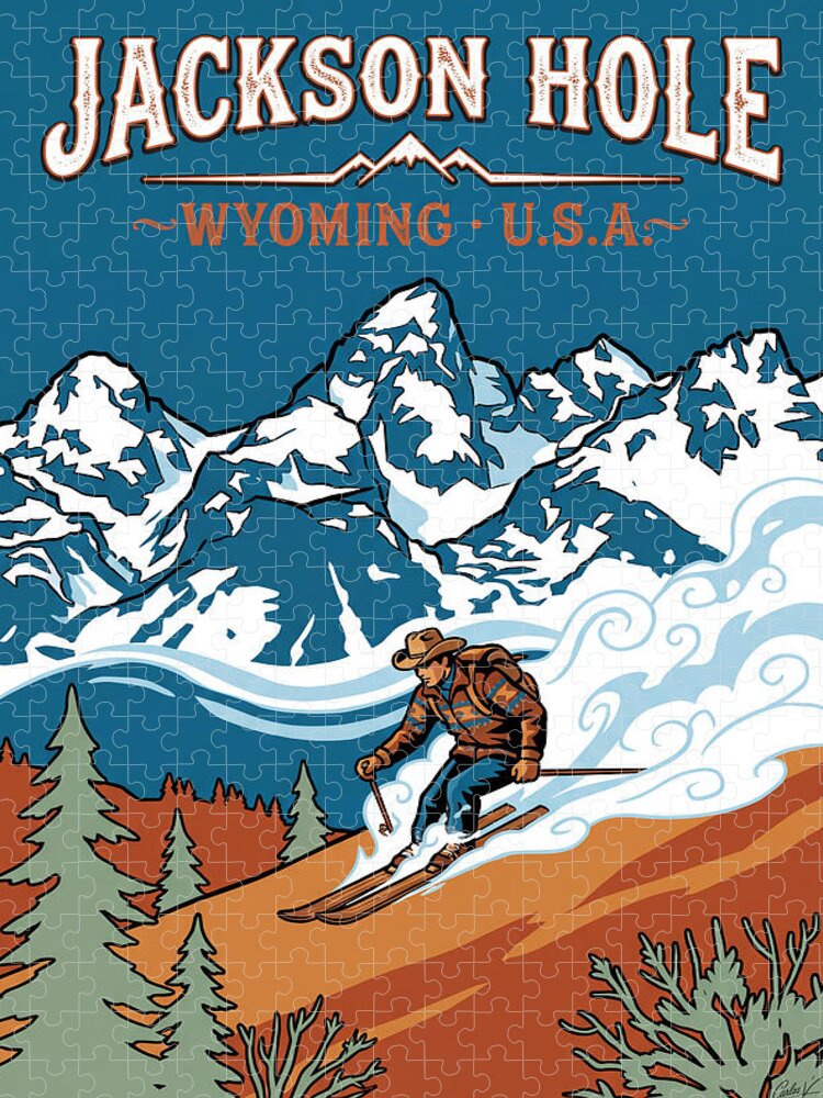 Jackson Hole Vintage Ski Poster Jigsaw Puzzle - Retro Teton Mountains