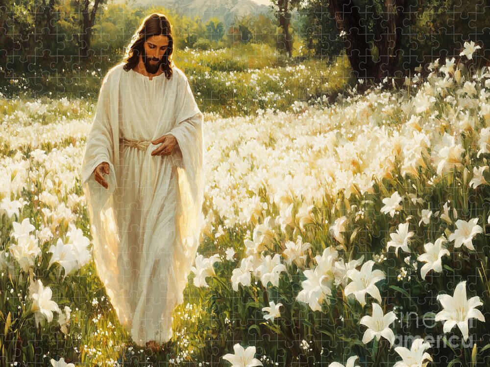 Jesus Walking Through Lily Field Jigsaw Puzzle