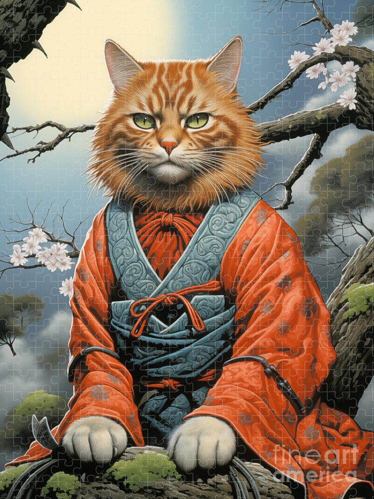 Kimono Cat on Branch Jigsaw Puzzle: Serene and Whimsical